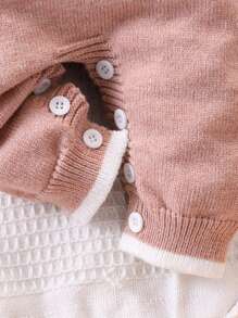 Baby Girls Turtleneck Knit Sweater Long Sleeve Jumpsuit, Comfortable & Warm For Autumn/Winter, Available In Camel, Pink, Earth Tones, Stylish & Versatile, With Cute Bow Accent, Suitable For Casual Wear, Home, Outings, Travel - Pink - View 3