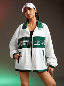 Streetz SHEIN Sport Front Zipper Long Sleeve Solid Color Patchwork Letter Print Sports Jacket, Casual Daily Wear - White - View 6