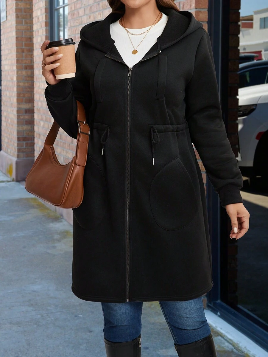 SHEIN LUNE Áo khoác trùm đầu thường ngày có khóa kéo túi trước màu trơn cỡ lớn, mặc hàng ngày - màu đen - Xem 1