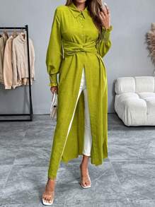 Calvaya Long Sleeve Button-Up Long Shirt With Waist Twist Detail
