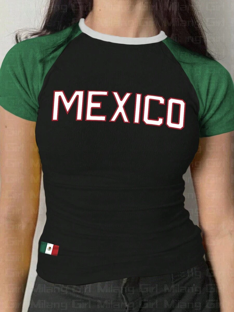 SHEIN Unity Women's Summer Mexico Letter Graphic Print Slim Fit Raglan Sleeve T-Shirt Graphic Tees Women Tops - Multicolor - View 1