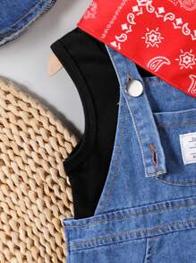 SHEIN 4 件套春夏男婴牛仔背心短裤、牛仔帽和红围巾时尚套装 - 黑色 - 查看 6