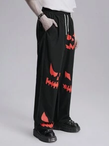 ROMWE MEN Goth Men's Drawstring Waist Graphic Print Slant Pockets Casual Woven Black And Red Pants, For Halloween - Black - View 4