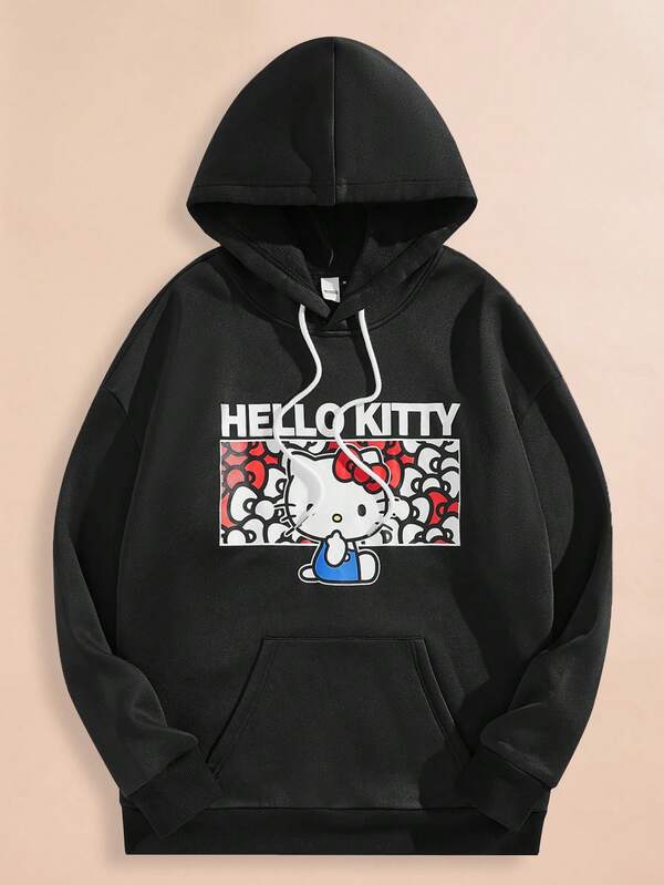 HELLO KITTY AND FRIENDS | SHEIN 1pc Men's Casual Cartoon & Letter Print Drop Shoulder Drawstring Hoodie, Spring And Autumn