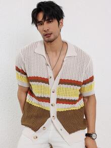 Manfinity Homme 男式前扣短袖条纹拼布休闲针织上衣 - 白色 - 查看 9