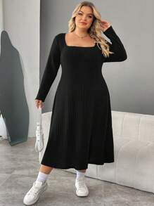 SHEIN CURVE+ Váy len dệt kim gân màu trơn cỡ lớn cho nữ, váy mùa thu - màu đen - Xem 6