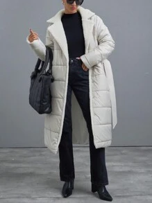 SHEIN Cottnline Puffer Jacket With Dropped Shoulder Line, Welt Pocket, Slot In The Side Seam And Snap Closure, Wide English Collar Made From Teddy Bear Fabric - Beige - View 3