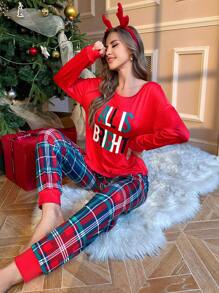 2pcs Women's Letter Print Top And Plaid Loungewear Pants Set, - Multicolor - View 4