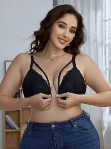 Plus Size Bras & Wireless Bras, Sexy Charm, Front Closure, Contrast Lace, Ribbon Decor, Lingerie - Black - View 4