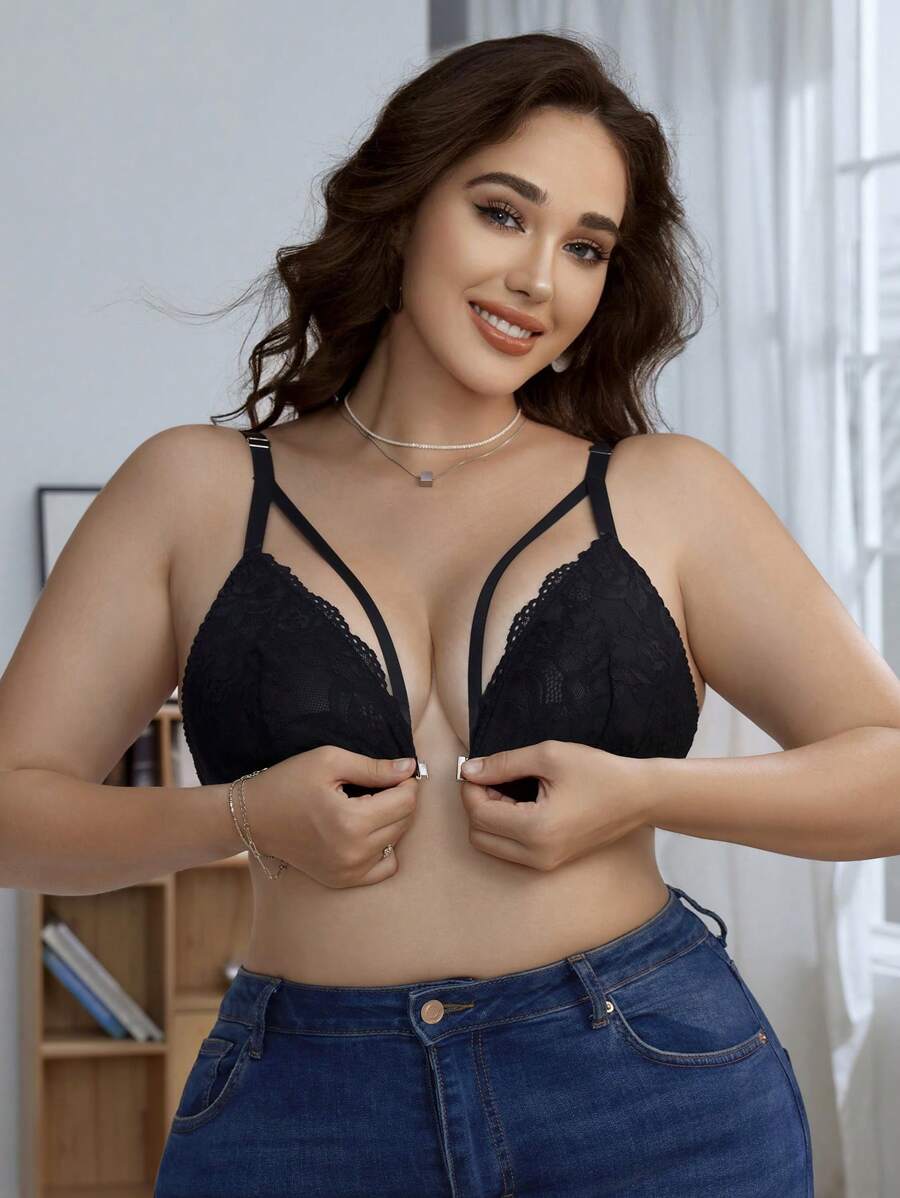 Sutiene mărimi mari și sutiene fără fereastră, farmec sexy, închidere frontală, dantelă contrastantă, panglică decorativă, lenjerie intimă - Negru - Vizualizare 1