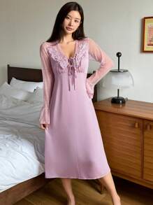 DAZY Satin & Contrast Lace Ruffle Sleeve Waist Cinched Nightgown Pajama - Dusty Pink - View 8