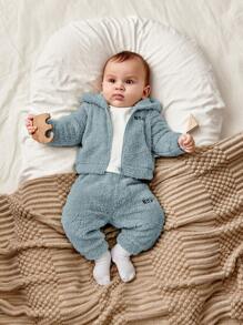 SHEIN 新生男婴/女婴可爱刺绣字母图案连帽夹克和裤子套装，秋冬