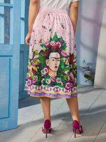 Frida Kahlo X SHEIN 大码优雅甜美粉色蝴蝶雏菊肖像艺术几何波尔卡圆点印花裙 - 彩色 - 查看 2