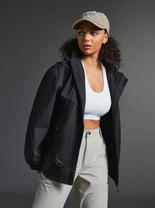 Exploreva Solid Color Front Zip Up Letter Printed Minimalist Sports Jacket, Casual Daily Wear