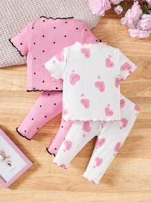 SHEIN 4 件装女婴罗纹边圆领短袖卡通图案睡衣套装，吸湿排汗透气 - 粉色 - 查看 2