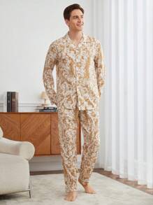 Traje informal de estar en casa con camisa y pantalones de impresión completa con botones para hombre