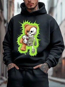 Manfinity LEGND 男士熊印花宽松连帽衫和运动裤套装 - 黑色 - 查看 4