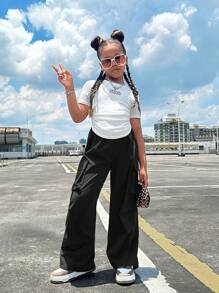 SHEIN Girlism Tween Girl Ribbed Ruched Short Sleeve Tee With Patch Pocket Casual Pants 2-Piece Set - Black - View 5