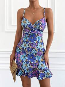 SHEIN Cottnline Spaghetti Strap Ruched Floral All-Over Print Casual Mini Dress - Multicolor - View 6