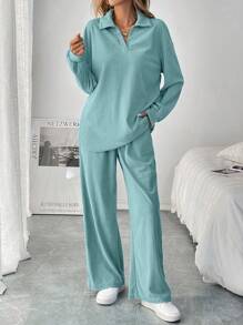 SHEIN LUNE Bộ 2 áo thun dài tay trễ vai trơn và quần ống rộng thường ngày cho nữ, Xuân/Hè - Màu xanh Bạc hà - Xem 6