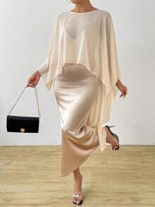 SHEIN Unity 2pcs/Set Plus Size Elegant Chiffon Cover Up And Slip Dress - Apricot - View 5