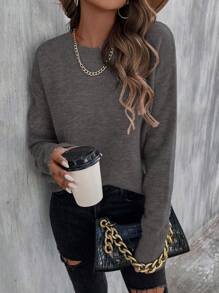 EMERY ROSE Sweater Pullover Lengan Panjang Kerah Bulat Warna Polos, Pakaian Kasual Sehari-hari, Atasan Lengan Panjang, Pullover Rajut Musim Gugur Musim Dingin - Dark Grey - View 4