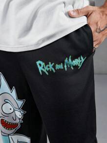 Rick and Morty X SHEIN Pantalones deportivos casuales para hombre con estampado de personaje de dibujos animados y letra, cintura con cordón, bolsillos laterales - Negro - Ver 9
