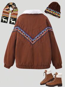 SHEIN 1pc Tween Girls Plain Patchwork Button Front Long Sleeve Casual Jacket