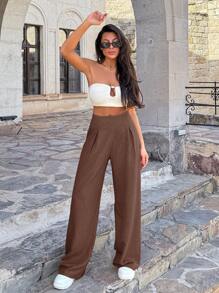 EURMUSE Women Linen Beige Wide Leg Pants - Coffee Brown - View 4