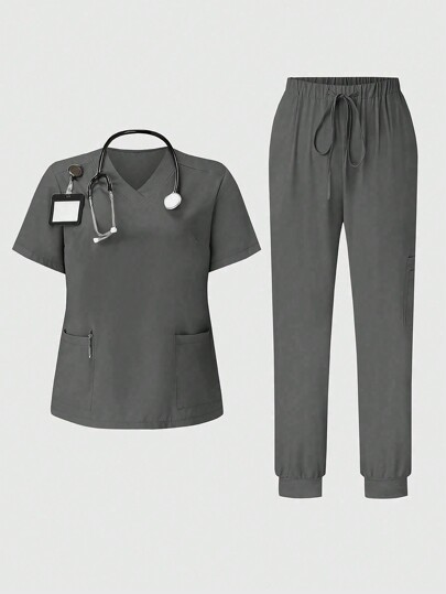 TaskEZ Plus Size Women Solid Color Short Sleeve Top And Long Pants Scrub Uniform Set