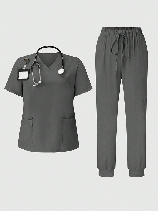 TaskEZ Damen große Größen Set aus einfarbigem Kurzarm Oberteil und langer Hose Pflegeuniform