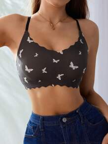 SHEIN 女士休闲浪漫蝴蝶印花文胸、内衣 - 棕色 - 查看 4