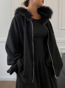 DAZY 2 piezas Conjunto de chaqueta con capucha y cuello esponjoso talla grande pantalones de unicolor para mujer, forrado térmico para otoño e invierno, conjunto de chándal para mujer - Negro - Ver 6