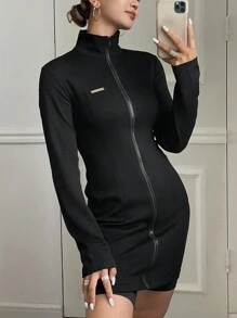 DAZY Women's Front Zip Long Sleeve Minimalist Short Casual Dress