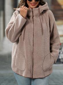 SHEIN LUNE Plus Size Women's Solid Color Long Sleeve Fleece Hooded Zip-Up Jacket, Fall/Winter - Brown - View 3