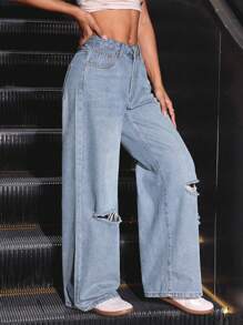 SHEIN PETITE Women's Loose Straight Leg Ripped Pocket Denim Jeans, Casual & Versatile - Light Wash - View 6