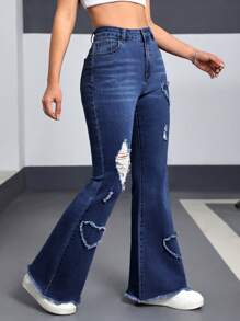 SHEIN EZwear 女式前扣口袋做旧毛边下摆休闲牛仔裤 - 深色水洗藍 - 查看 3