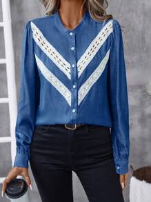 SHEIN LUNE Women's Front Button Long Sleeve Solid Color Patchwork Minimalist Casual Shirt Fall Cloth For Women - Blue - View 4
