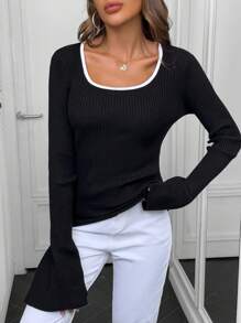 Chiquease Women's Autumn/Winter Ribbed Scoop Neck Long Sleeve Casual Pullover Sweater, Knit Pullover Fall - Black - View 5