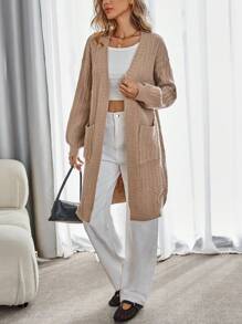 EMERY ROSE Loose Casual Cable Knit Cardigan, Knit Pullover Fall Winter - Khaki - View 6