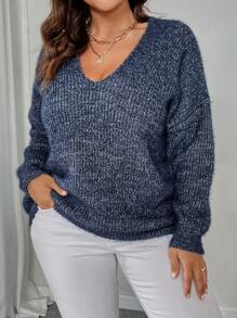 SHEIN LUNE Große Größen Damen V-Ausschnitt Drop Shoulder Locker Lässig Pullover Pullover für Herbst und Winter Strickpullover Herbst - Blau - Übersicht 3