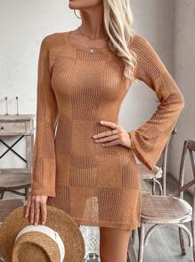 SHEIN Clasi Fashionable Backless Tied Strap Textured Floral Cutout Flare Sleeve A-Line Knit Dress For Vacation Fall Cloth For Women - Rust Brown - View 4