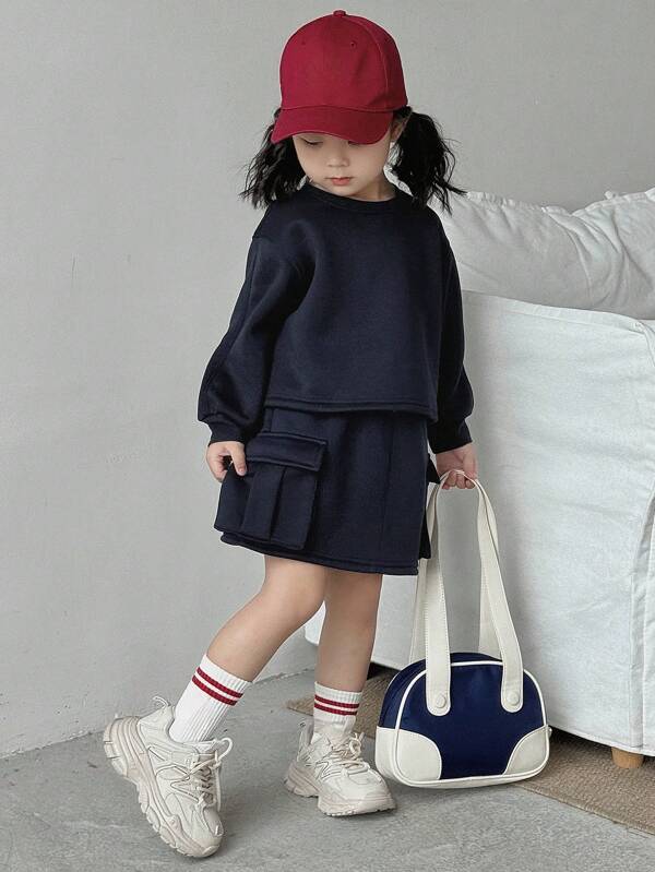 Dazy Kids 2pcs/Set Girls Young Girl Solid Color Knitted Fleece Crew Neck Outfit, Fall,Winter