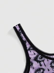 ROMWE Goth Bộ áo ngực và quần lót không dây in hình mắt khóc kinh dị Nightmare - Màu tím - Xem 3