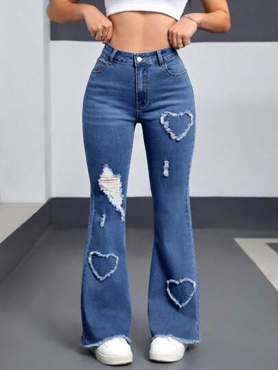 SHEIN EZwear Women's Front Button Pockets Distressed Hem Jeans, Casual Everyday Wear Y2K Love Ripped Fashionable Casual Denim Stretch Bell Pants