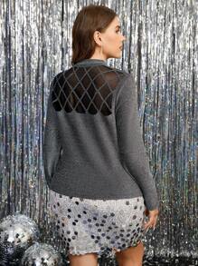 SHEIN Clasi 金属箔修身高领铆钉网眼面板大码女式 T 恤