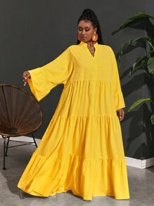 Slaydiva 大码女士度假休闲宽松飘逸 A 字形连衣裙 - 芥末黃 - 查看 3