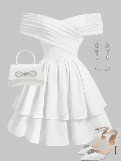 SHEIN Girlism 少女白色露肩交叉领口收腰 A 字型分层荷叶纯白色女孩外出派对连衣裙，全白服装曲线