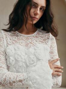 Anewsta Lady-Like Long Sleeve Dress With Lace Patchwork 3D Flower Detail, For Fall/Winter