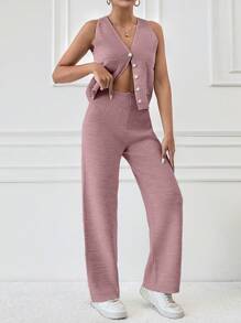 SHEIN PETITE Women's V-Neck Single-Breasted Knitted Vest & Knitted Pants Casual 2pcs Suit For Fall Winter